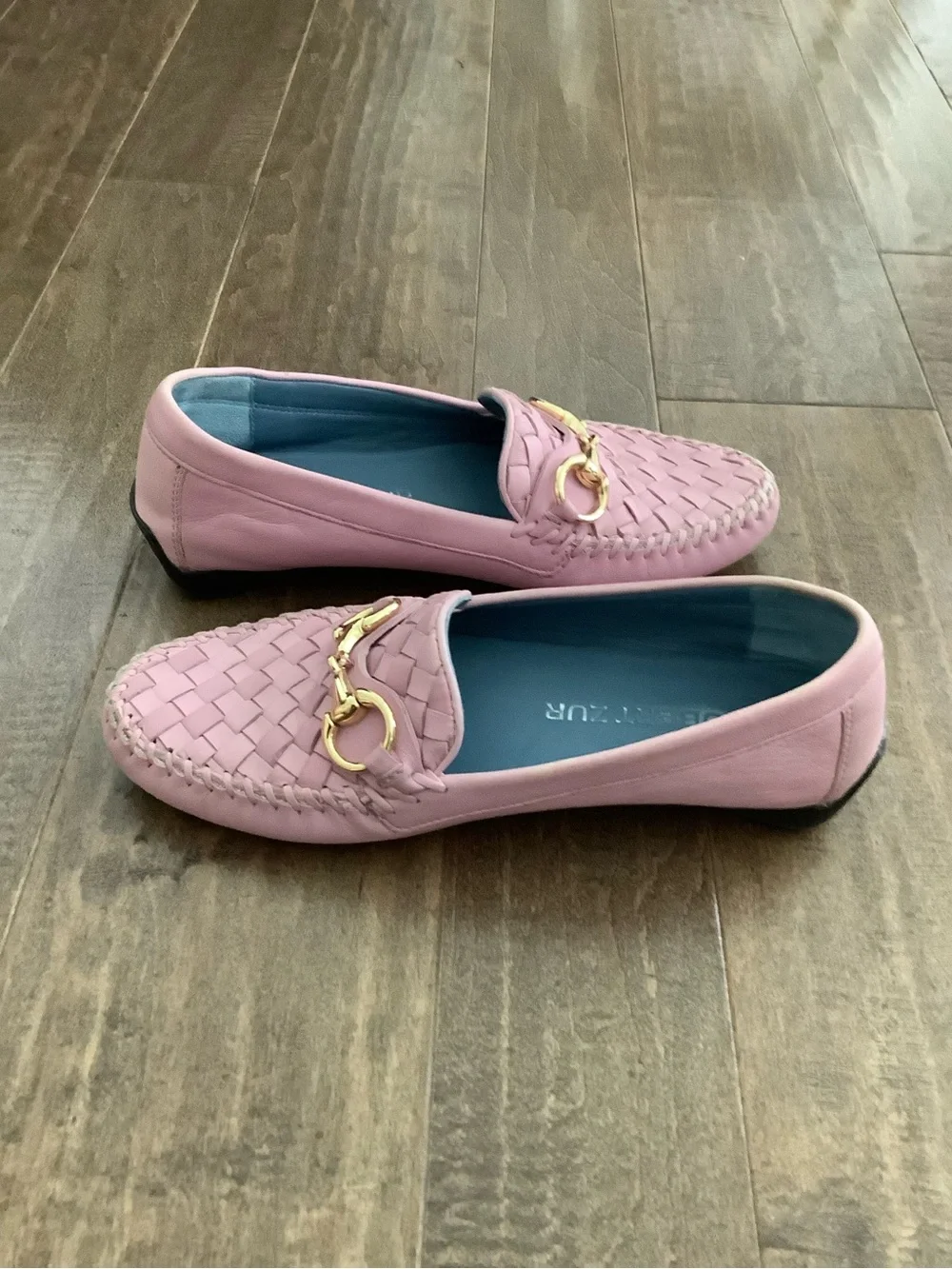 Women's Pink Woven Leather Loafers with Gold Bit Accent